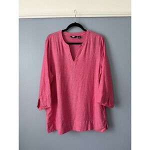Lands End Tunic Top Pink Linen Blend Size Large Beachy Coastal Front Pockets‎